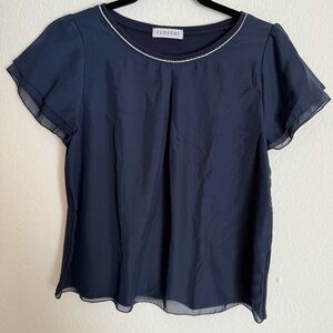 Navy Blue Blouse with necklace detail